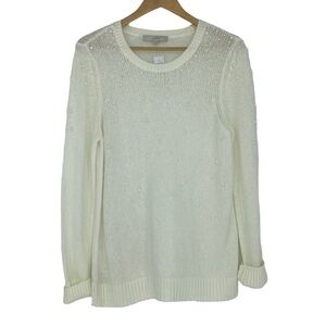 NWT LOFT cream pearl beaded embellished crew neck soft sweater wms sz Lg